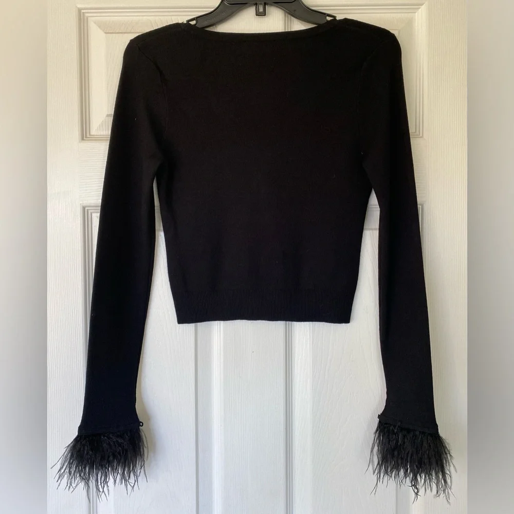 NWOT Aqua Black Cardigan with Feather Trim - Picture 5 of 6